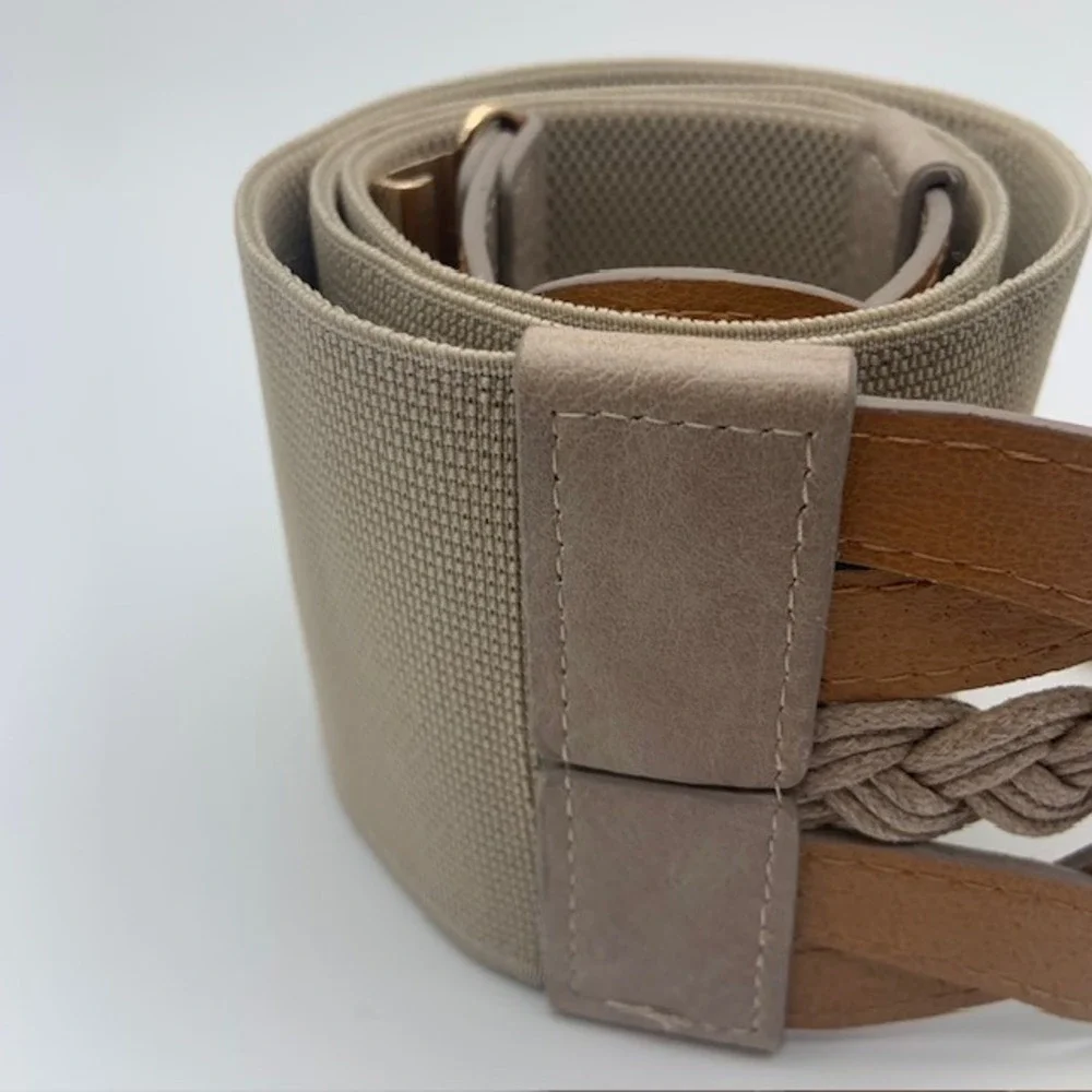 NWT Boho Coastal Wide Stretch Waist Belt 2XL Braided Woven Neutral Minimalist